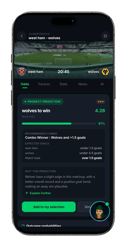 Pantalla de análisis de un partido en la app Pronext