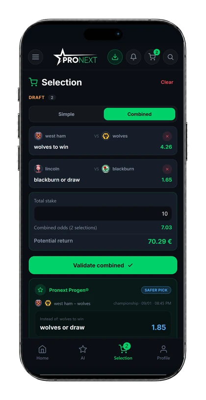 Pantalla Selección: cesta de picks con cuota combinada y confianza global